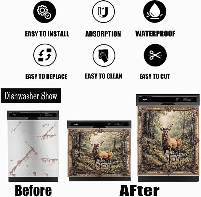 Kitchen Decor Deer Dishwasher Magnet Cover Decal, Vintage Forest Elk Magnetic Dishwasher Covers Decorative, Animal Dishwasher Skin (Magnetic) 23" W x 26" H