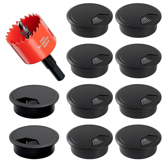 Desk Grommet & Cable Grommet 2 Inch (10 Pack) - Black Desk Hole Cover with Hole Saw - Cable Management Kit for Office, TV Stand, Workstation - Hide Wires Behind Wall, Cable Pass Through (50mm)