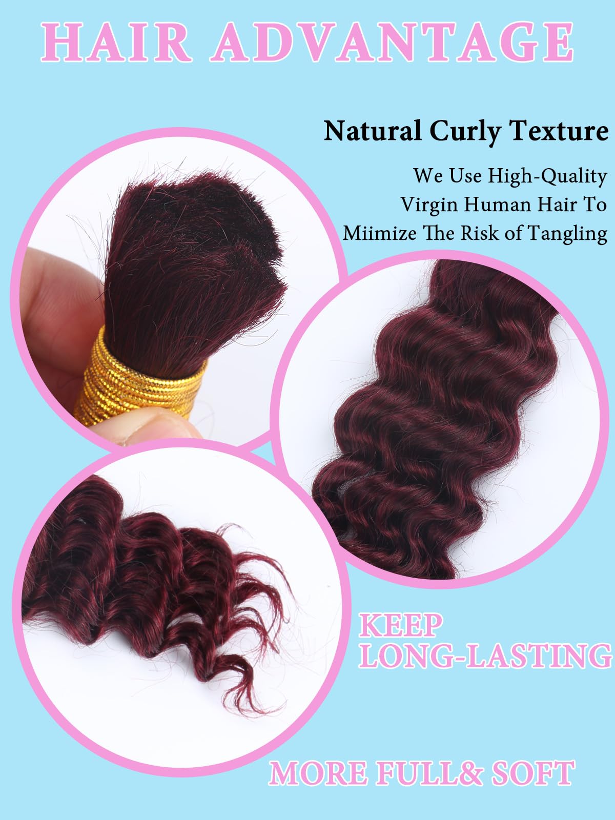 Burgundy Human Braiding Hair for Boho Braids 2 Bundles 20 Inch 100g 99J Deep Water Wave Bulk Human Hair for Braiding Wet and Wavy Curly Bundles No Weft Micro Braiding Hair Human Hair Extensions
