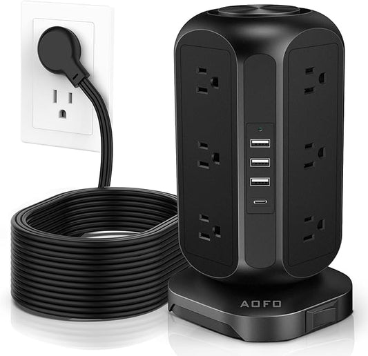 AOFO Long Extension Cord 15 ft Power Strip Tower, Surge Protector 12 AC Outlets 4 USB(1 USB C) Ports, Charging Tower Overload Protection with Multiple Outlets for Home Office