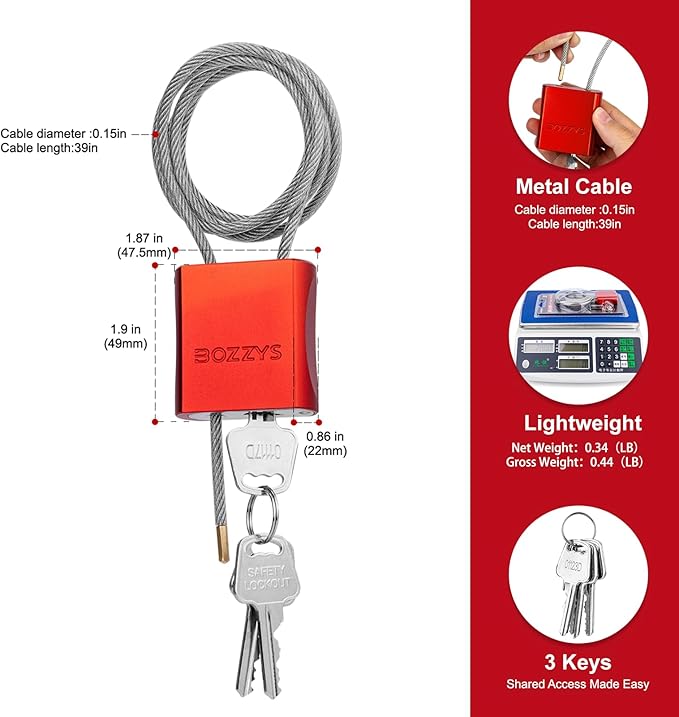 BOZZYS Cable Lock with 3 Keys | L 3.28ft(1m),D 1/6in(4mm) Adjustable Steel Cable Padlock | Aluminum Locks for Bikes, Gate, Lockers & Outdoor Gear | Weatherproof & Red