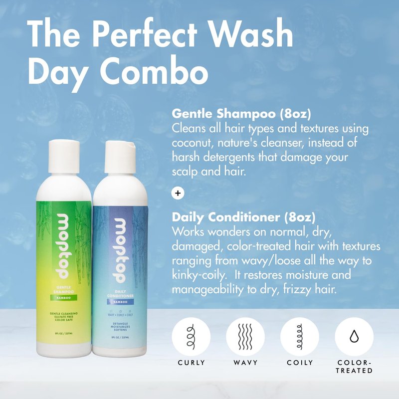 MopTop Sulfate Free Shampoo and Conditioner – Curly Hair Natural Shampoo and Conditioner Helps Restore Dry Damaged Hair & Reduce Frizz, Paraben Free Natural Hair Products for All Hair Types (2pk)