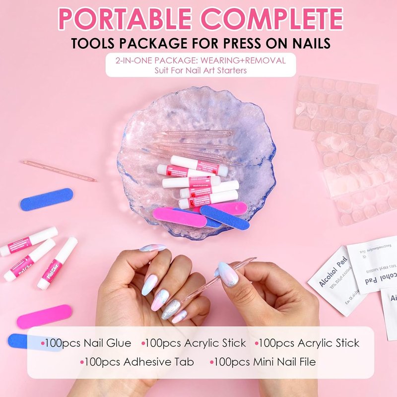 Press On Nail Tool Kit - 100PCS Nail Prep Set with Glue, Adhesive Tabs & Mini File | Perfect for Nail Art Starters