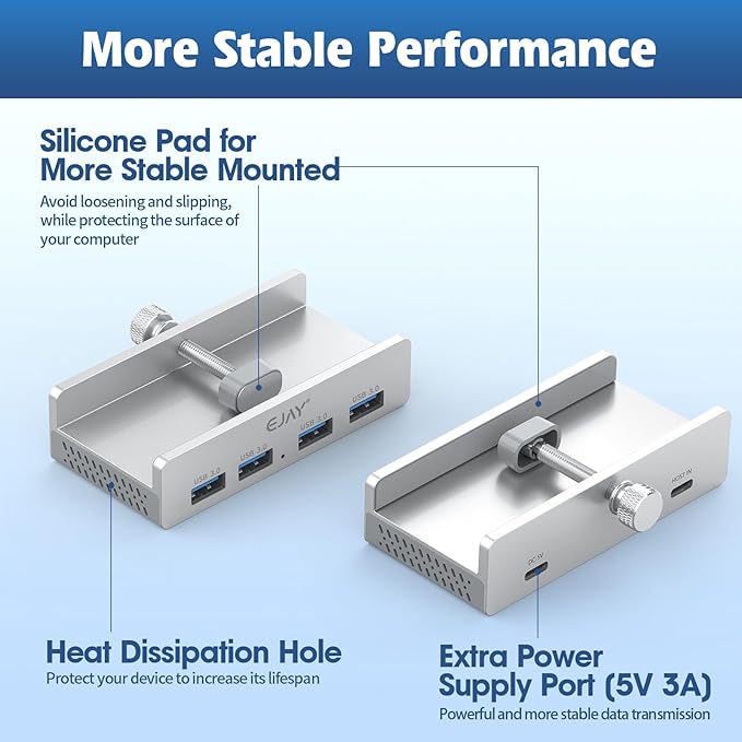 EJAY Clamp USB 3.0 Hub for Desk & Monitor, 4-Port 5Gbps High-Speed Under Desk USB Hub with 59in Extra Long Data Cable, Aluminum Multi Port Splitter for PC, Mac, Laptop, Silver