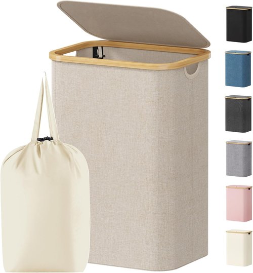 Lifewit 80L Laundry Basket - Foldable Hamper with Lid & Bamboo Handles | Beige, Removable Bag Included