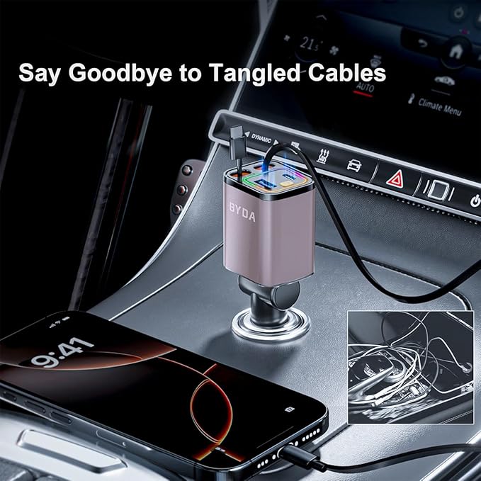4 in 1 Retractable Car Charger with Starry Light,69W Cigarette Lighter Charger,USB C Fast Car Charger for iPhone 17 Pro Max 16 15 14 13 12 11 (for Apple+Type C &RGB Breathing Light [Pink])