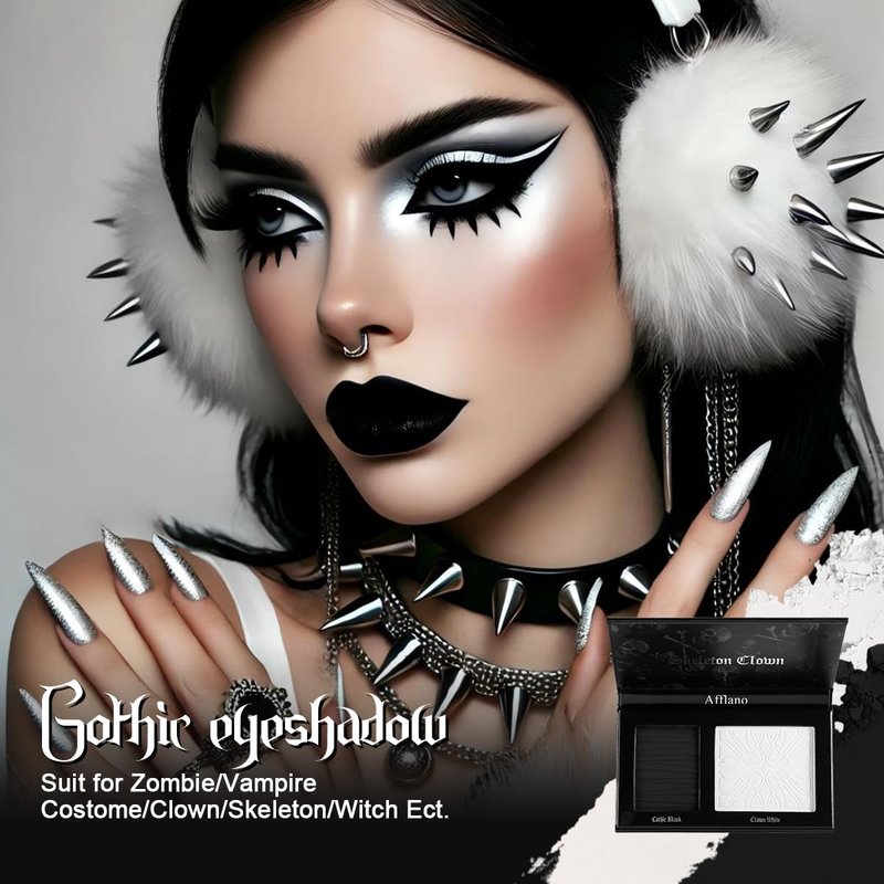 Goth Makeup Palette, Black White Duo Matte Pressed Powder Eyeshadow Palette for Smoky Gothic Makeup, High Pigmented Long Last Concealer Foundation Pallet for Halloween Skeleton Clown SFX Costume Joker