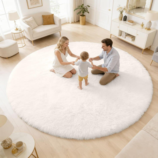 OLANLY Round Ivory Area Rug - Soft, Fluffy, Machine Washable 8 ft Circle Carpet for Bedroom & Living Room