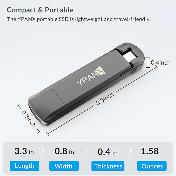 YPANX 512GB Pro Portable SSD, 1000MB/s Speed, USB 3.2 Gen 2 + Type C Dual-Port, Lightweight External SSD for iPhone 15/16/17/Pro/Pro Max, Android, Windows, Mac, Tablets