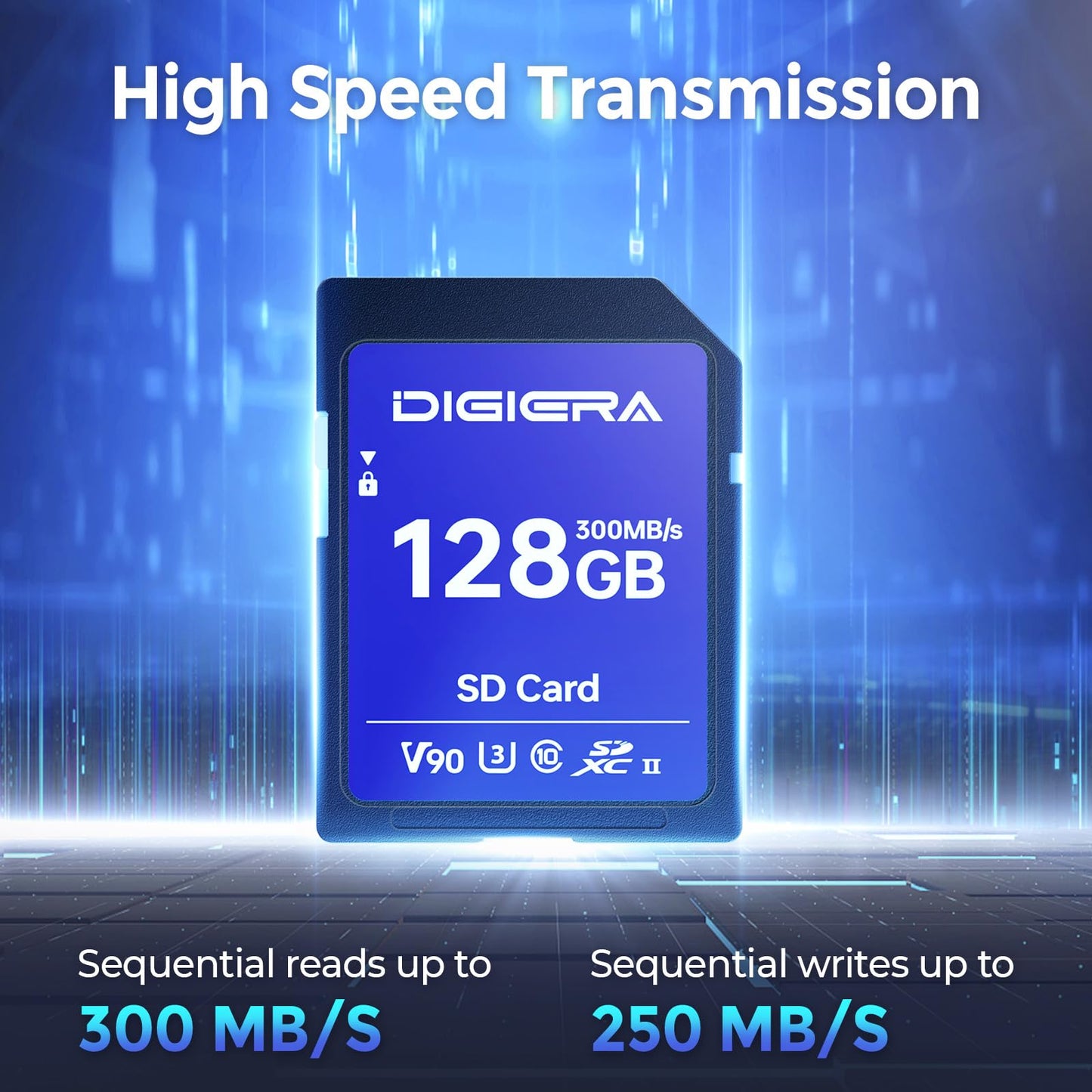 DIGIERA 128GB LSU200 SDXC UHS-II Memory Card - up to 300MB/s, C10, U3, V90, 8K, SD Card for Computers, Digital Cameras, Home Theatre Devices, Car Navigation Systems (1 Pack)