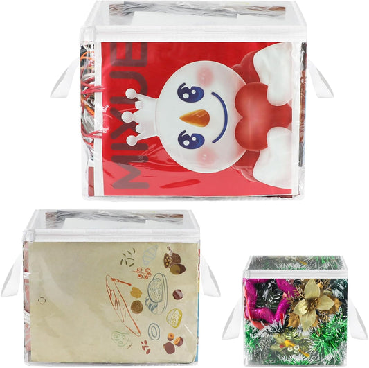 Skiennix Clear Zippered Gift Bag Storage Organizer - 3 Pack for Wrapping Supplies | Handles & 3 Sizes (L, M, S)