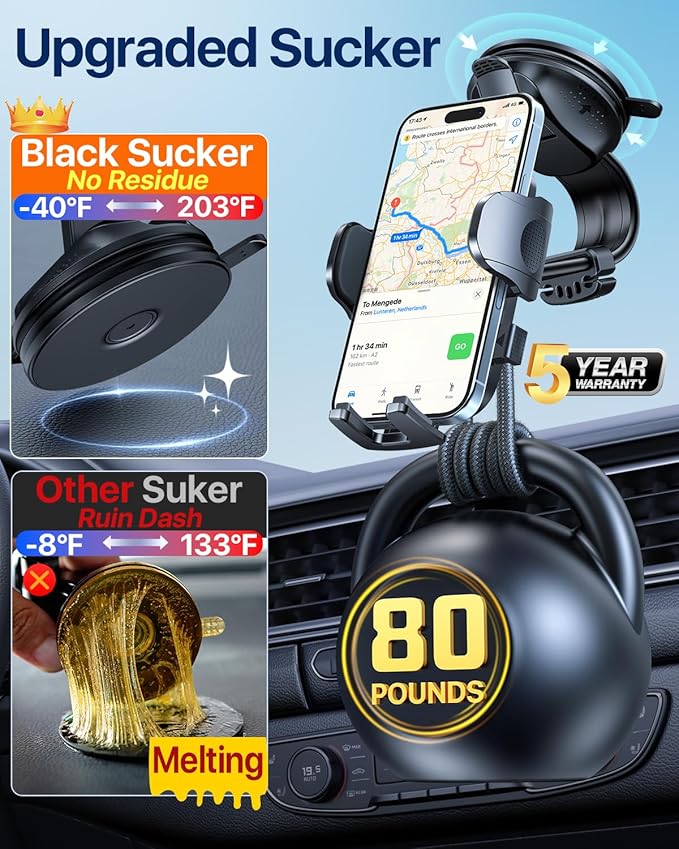 HTU Upgraded Strongest Suction Car Phone Holder Bendable Arm, Never Block View Rotatable Cellphone Mount for Dashboard Windshield Vent, Cradle Stand for iPhone 17 16 15 14 13 12 Pro Max (Dark Pink)