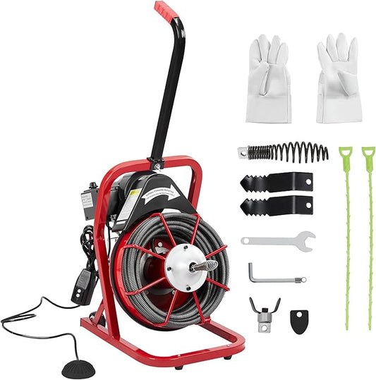 Drain Cleaner Machine 50 Ft x 3/8 Inch, 250W Drain Cleaning Machine Portable Electric Drain Auger with Cutters Glove Drain Auger Cleaner Sewer Snake, 4 Cutters Included, Foot Switch Control, and Idea