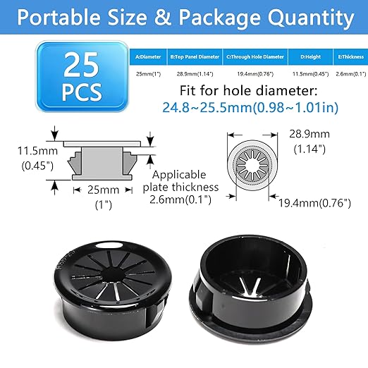 BOPOREAE 25 Pcs Cable Grommet, Snap Bushing 1" (25 mm) Mounting Diameter, Flexible Petal-Shaped Buckle Round Nylon Desk Grommet for Wires Through Countertop Cord Organizer and Protection, Black