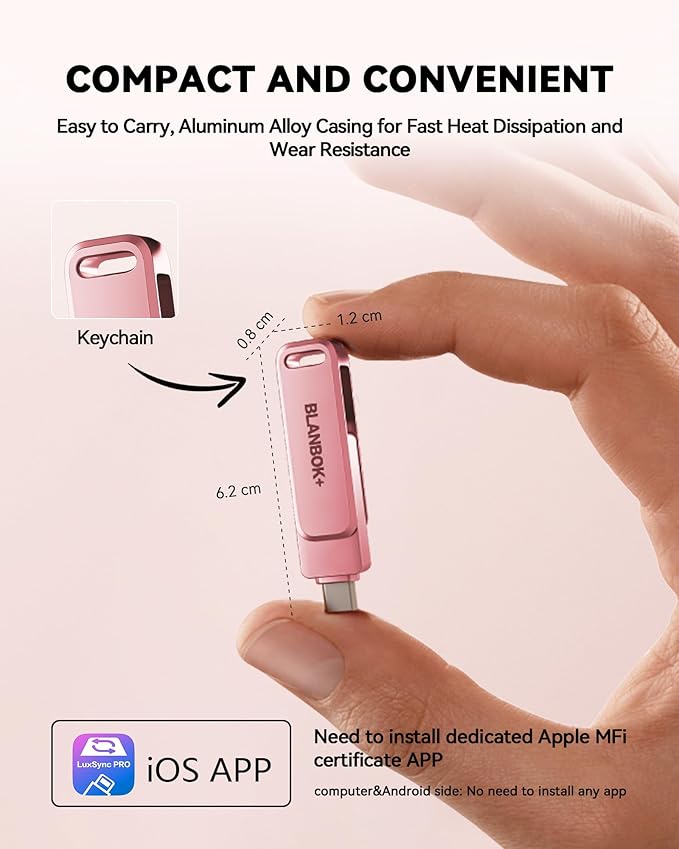 MFi Certified Flash Drive for iPhone Photo Stick, Thumb Drive Memory Stick High Speed USB Drive Photo Storage for iPhone USB Stick Compatible for iPhone/iPad/Android/PC (Pink, 256GB)