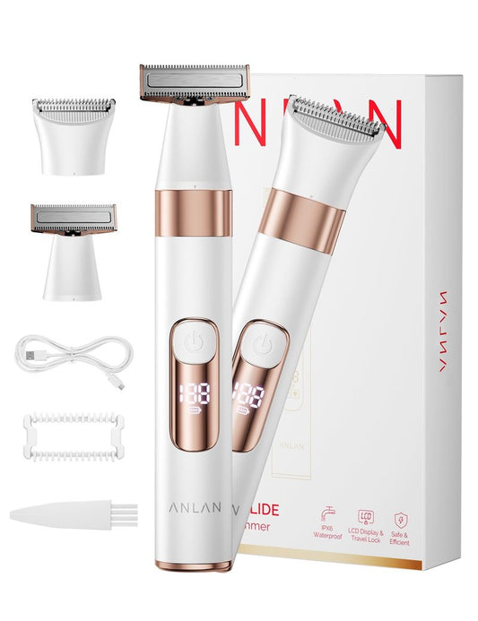 ANLAN Bikini Trimmer for Women, 2-in-1 Electric Shaver with Quiet Motor & 90min Rechargeable Battery, Waterproof IPX6 Razor, Painless Hair Removal for Sensitive Skin, Face & Body
