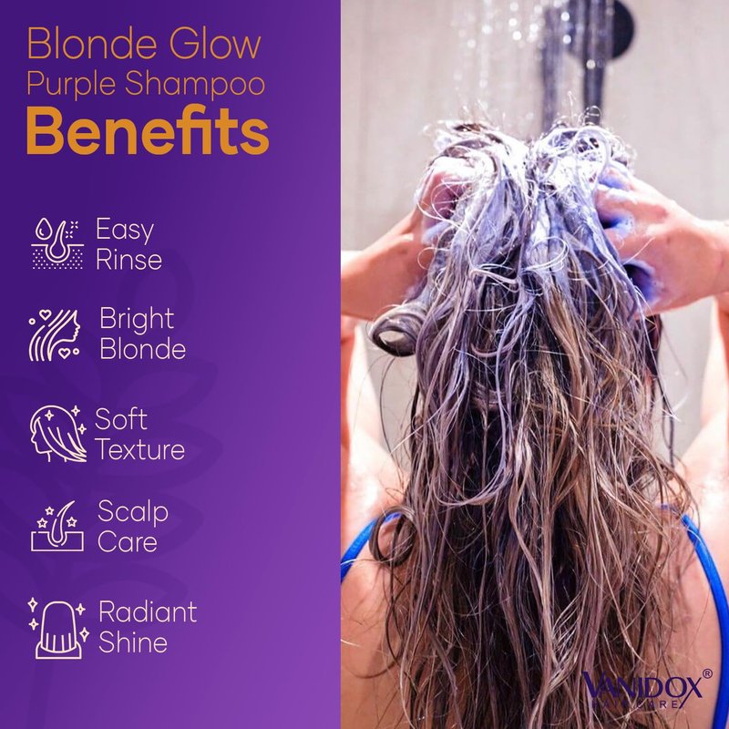 VANIDOX Sulfate Free Brass Toning Purple Shampoo for Blondes, Brown Highlighted, or Bleached Hair, Infused with Purple Rice Extract, Hyaluronic Acid, Vitamin E, and Chamomile Extract (16 fl oz)