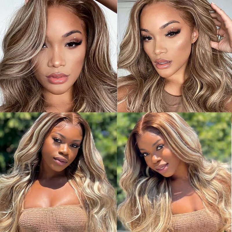 Blonde Bundles Human Hair Body Wave Bundles 28 Inch Unprocessed Brazilian Virgin Remy Hair Highlight Brown 1 Bundle P4/613 Highlight Blonde Body Wave Human Hair Extensions 50 Gram Per Bundle