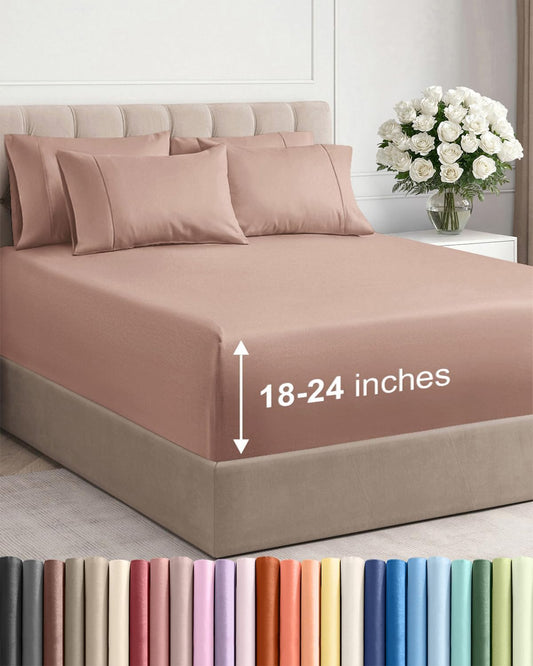 Skiennix Extra Deep Cal King Sheet Set - 6 Piece Cooling & Breathable Bedding - Soft, Wrinkle-Free Mauve