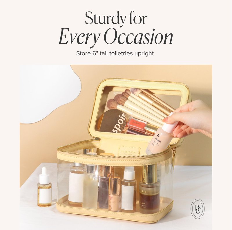 Clear Travel Makeup Bag for Women Organizer with Handle Beige, Extra Large Transparent Makeup Bag Toiletry Organizer with Zipper, Clear Cosmetic Travel Bags for Women Skincare Organizer for Traveling