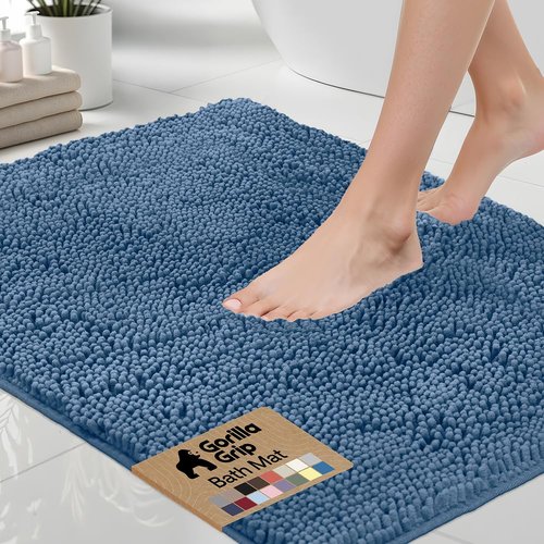 GORILLA GRIP Bath Rug Mat 48x17, Thick Soft Absorbent Chenille, Quick Dry Microfiber Mats, Rubber Backing Washable Shower Floor Rugs, Bathmat Runner, US Designed Bathroom Home Decor Accessories Blue