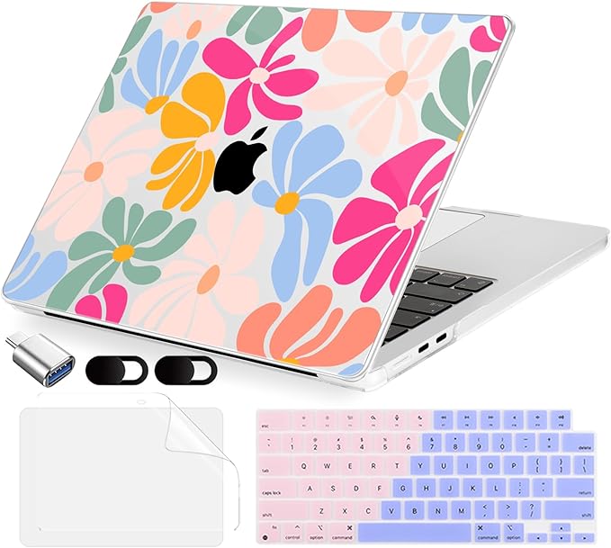 MecBevia Compatible with 2026 M5 MacBook Air 13 inch Case 2026 2025 2024-2022 M5 A3449 M4 A3240 M3 A3113 M2 A2681, Keyboard Cover, Screen Protector, Webcam Cover & Type-C OTG, ColorfulFlowers