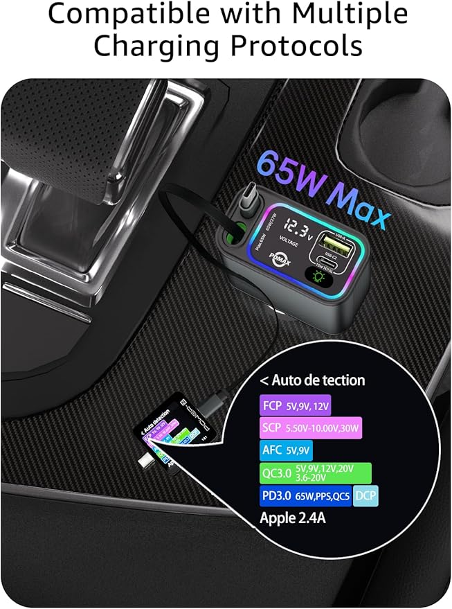 PDMAX Retractable Car Charger USB C,145W Type C Car Charger Fast Charging with Dual Retractable USB C Cable and USB Ports for iPhone 17/16/15,S25/24/23/22, Pixel 9/8/7（Build-in Dual Type C Cable）