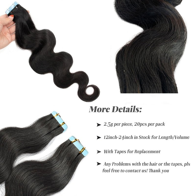 Wavy Tape in Hair Extensions Human Hair Short Black Body Wave Tape in Extension 50g 20pcs Double Sided Natural Tape ins for Black Women Body Wave Hair Extensions Real Human Hair 14 Inch
