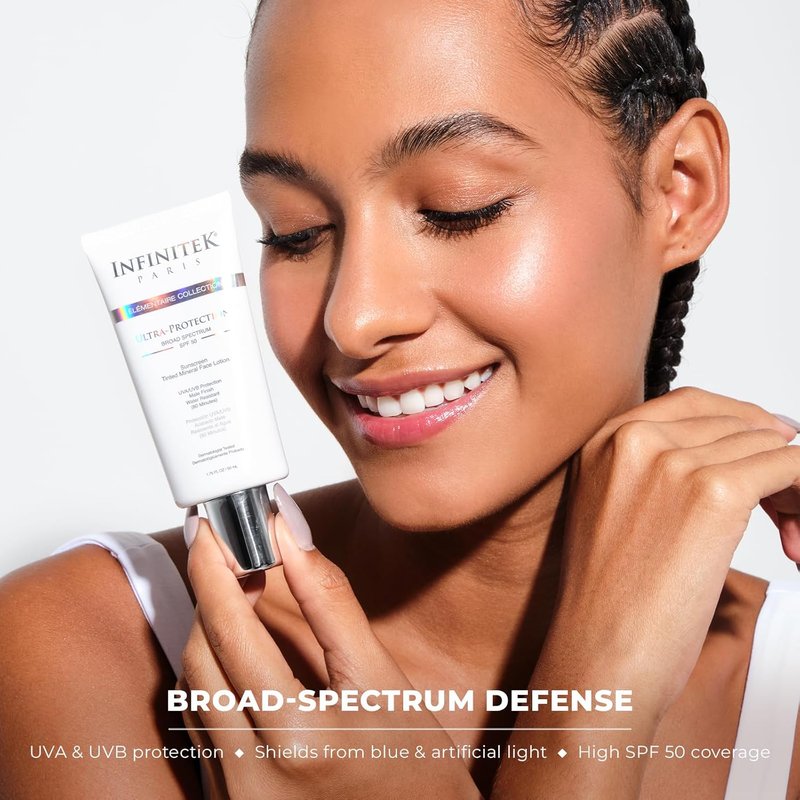 Infinitek Paris Tinted Mineral Sunscreen SPF 50 - Lightweight Daily Face Protection Against UVA/UVB & Blue Light | Water Resistant (80 Min) | 1.75 fl oz / 50 ml