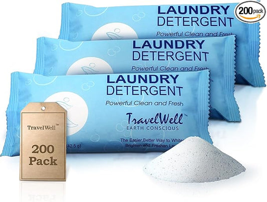 Travelwell Laundry Detergent Powder - Individually Wrapped Bulk Travel Laundry Detergent Packs - Hospitality Cleaning Supplies - Pack of 200, 1.5 oz