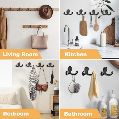 CBWLWJ Heavy-Duty Double Prong Coat Hooks - 10 Pack Wall-Mounted Metal Hooks for Home Use (Black)