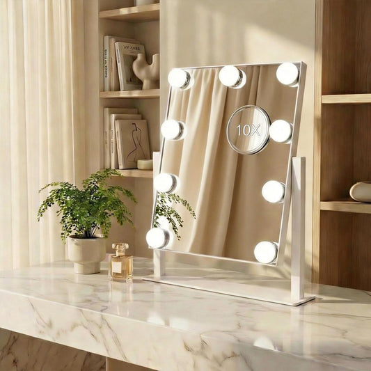 Hollywood Vanity Mirror with Lights, 9 Dimmable LED Bulbs Lighted Makeup Mirror with Detachable 10X Magnification Mirror, 1200mAh Rechargeable, 3 Color Lights, Gifts for Women Mom Teen Girls，White