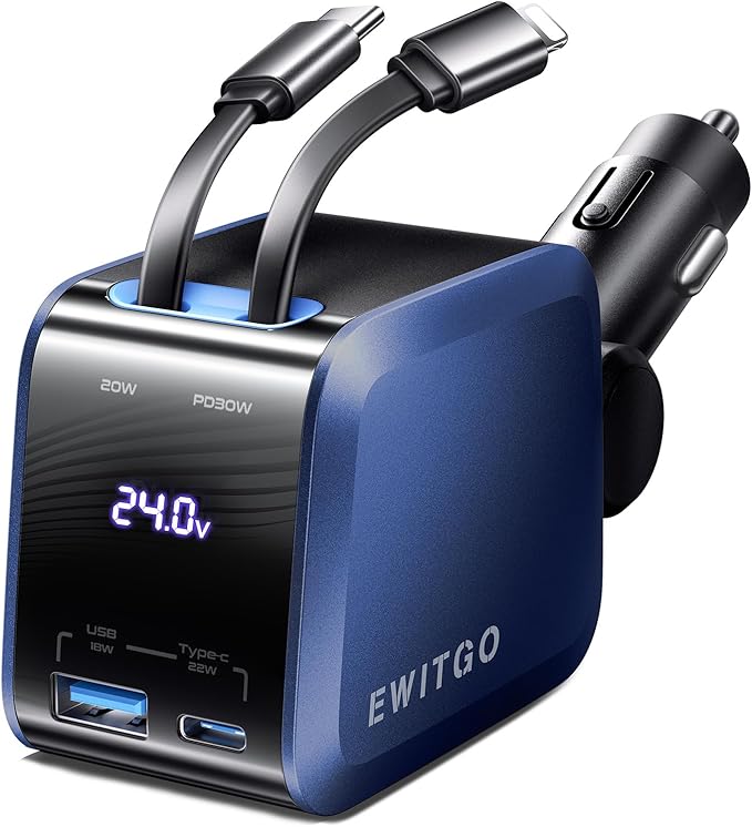 EWITGO Retractable Car Charger, Car Accessories, 72W Fast Charging USB C Car Charger with 4FT Retractable Cables and 2 Ports, for iPhone 16 15 14 13 12, Samsung etc Dark Blue