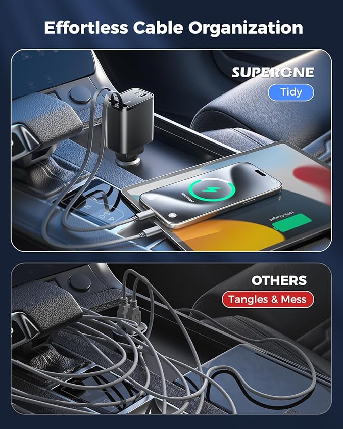Retractable Car Charger, SUPERONE 99W Car Phone Charger with Cables Fast Charging, USB C Car Charger Adapter for iPhone 17 16 15 14 13 12, Samsung, Black