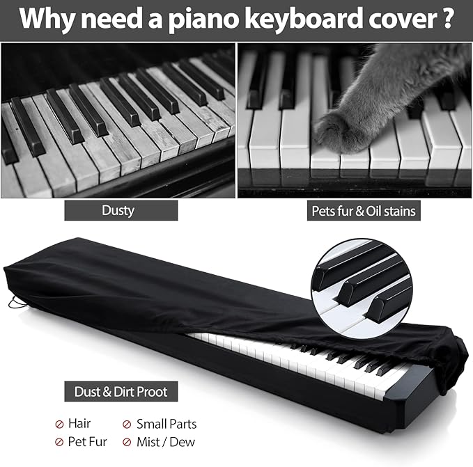 YNester 61 Keys Piano Keyboard Dust Cover -Adjustable Protective Covers Dust & Dirt Proof, Full Cover Elastic Cord Lock Easy Installation for Yamaha, Casio, RockJam,Alesis Digital Pianos