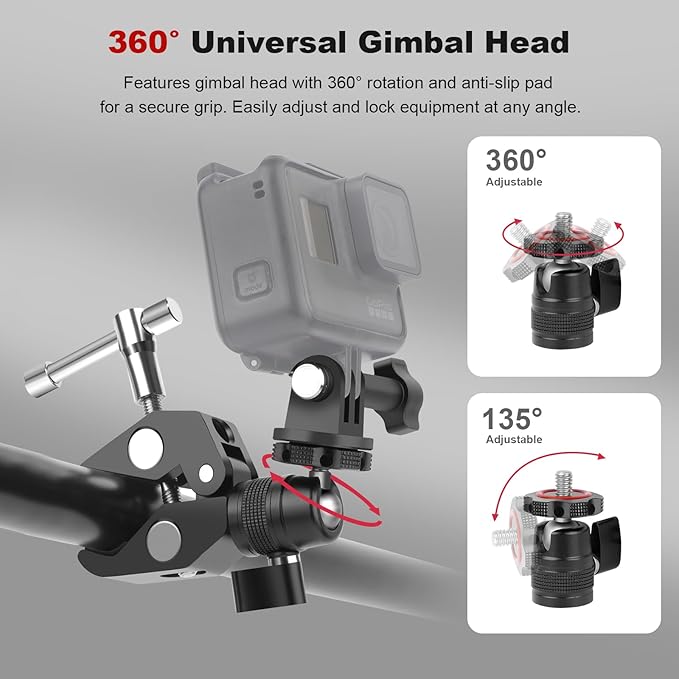 Mechrig Super Clamp Camera Mount with 360° Mini Ball Head, Aluminum Desk Tube Crab Clamp for Monitor/Light/Mic, Bike/Motorcycle Handlebar Mount for Go Pro/Insta360/DJI Action Camera (SY012)
