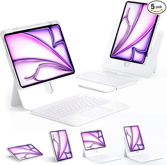 Tiaota Keyboard Case for iPad Air 13-inch (M2 & M3, 2024 & 2025) and iPad Pro 12.9-inch (3–6 Gen) with Multi-Touch Trackpad, 360° Rotating Stand, Portrait & Raised Modes, Detachable Cover – White