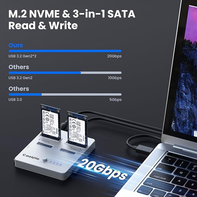 Coolpie CR311 3-in-1 SSD Cloner, USB3.2 Gen2*2 M.2 Reader, Supports M.2 NVMe/SATA, SATA 2.5''/3.5'' HDD
