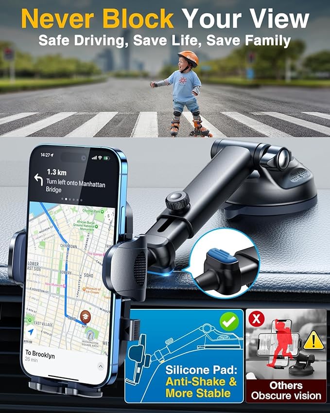 [True Upgrade for Safety] YRU Car Phone Holder Mount [Patent & Military-Grade] Dashboard Cell Phone Holder for Car Vent Windshield Phone Stand for iPhone17 16 15 14 13Pro Max Truck Samsung, Dark Black