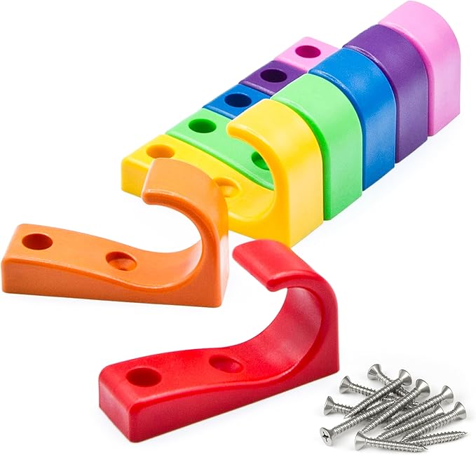 Toughook Heavy Duty Hooks for Hanging Coats, Jackets, Backpacks, Baseball Hats - Wall Mounted Rainbow Color Hangers for Kids, Perfect Hook for Classrooms, Bathroom Robes and Towels | J Hook 7-Pack
