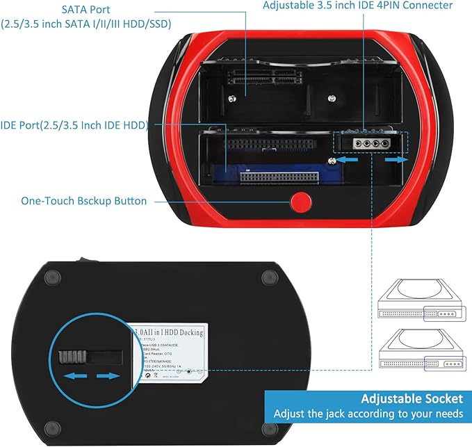 Tccmebius Hard Drive Docking Station, TCC-S862-US USB 2.0 to 2.5 3.5 Inch SATA IDE Dual Slots External Enclosure with All in 1 Card Reader and USB 2.0 Hub for 2.5" 3.5" IDE SATA I/II/III HDD SSD