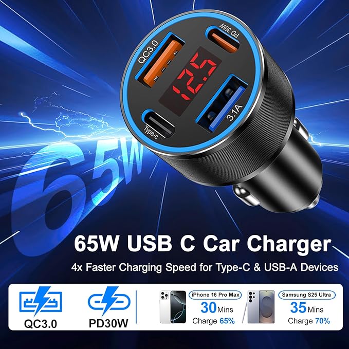 USB C Car Charger,2Pack 65W 4 Port Fast Charging Car Phone Charger with Voltage Display,Multi Port Cigarette Lighter Adapter USB Chargers for iPhone 17 16 15 14 Pro Max,Galaxy S25,iPad,Pixel,Android