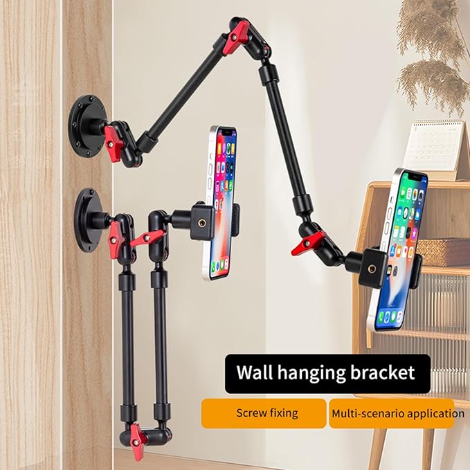 Wall Mounted Phone Holder Magic Arm 360° Rotation Adjustable Metal Base Screw in Wall Sturdy for Kitchen Bedroom Home 32 Inch ABS Phone Clip