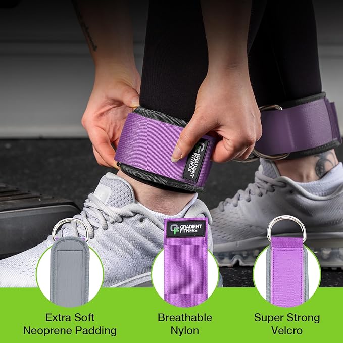 Gradient Fitness Ankle Straps (2 Pack) | Ankle Strap for Cable Machine, Ankle Bands for Working Out, Cable Ankle Strap, Cable Machine Attachment, Ankle Cable Attachments for Gym (Purple, 2 D-Rings)