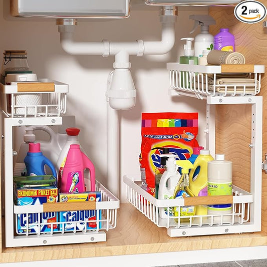 Under Sink Organizer 2 Pack, 2 Tier Slide Out Large Capacity Height Adjustable Under Sink Organizers and Storage for Kitchen Bathroom Cabinet, White