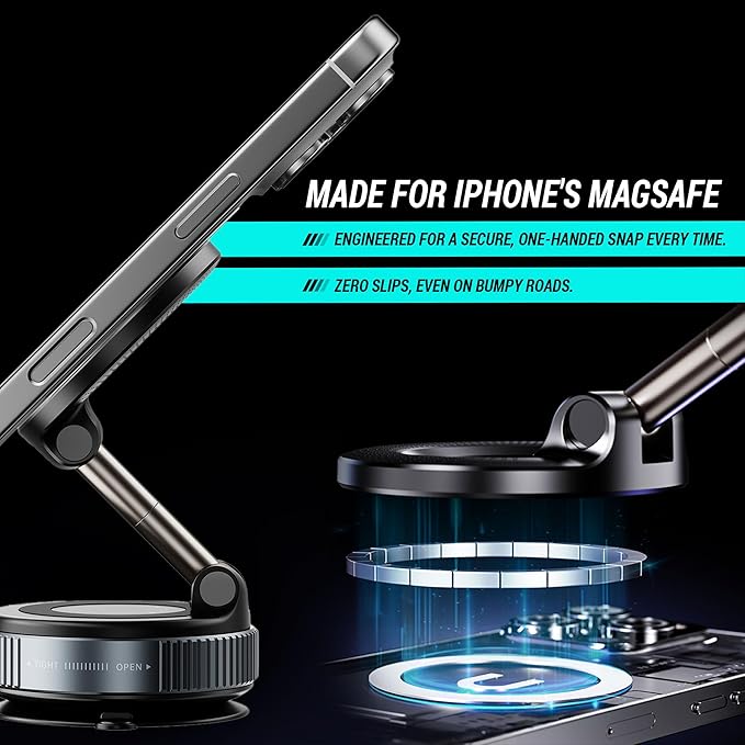 CARMOUNT Clutch-X™ Black – Vacuum Phone Mount Suction Cup Car Phone Holder for iPhone, Window Phone Mount for Travel, 360° Vacuum Magnetic Phone Holder for Car, Magnetic Phone Holder with Suction Cup