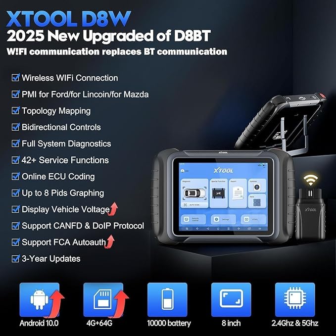 XTOOL D8W Bidirectional Scan Tool with AI-Assisted, 3 Years Free Update, OE-Level Full System Diagnosis, ECU C0ding, Topology Scanner, 42+ Reset Services Wireless OBD2 Scanner, CAN FD & DoIP