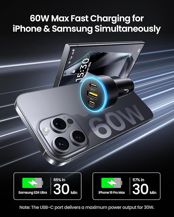PISEN 60W USB C Car Charger - Car Phone Charger Adapter PD30W & QC3.0 Fast Charging, Car USB Charger Multi Port, Cigarette Lighter USB Charger, Car Charger with LED for iPhone 17/16/15/14/13/12 Series