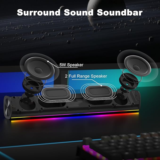 SOULION R100 Bluetooth Computer Speakers with Dynamic LED Light, USB Plug & Play PC Speakers with Switch Button, Clearly Sound Soundbar for Desktop Laptop Monitor Grey (USB-C to USB Adapter Included)