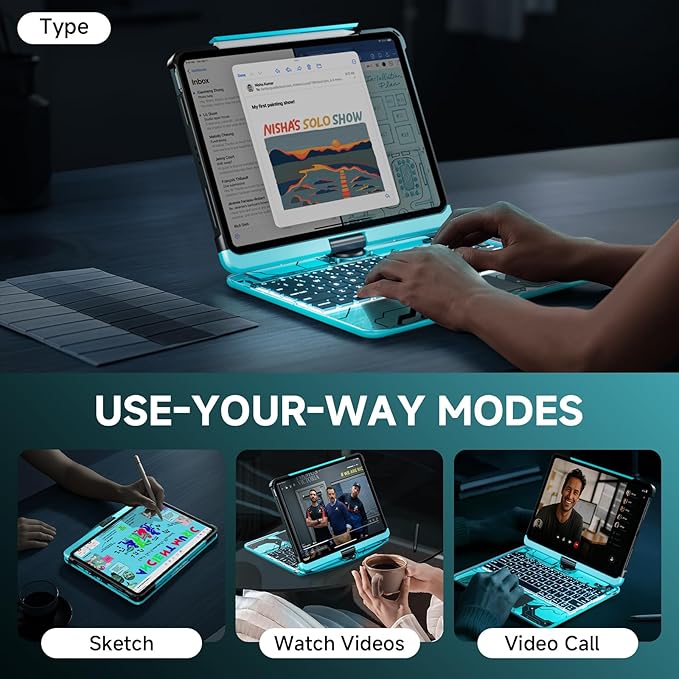 Tiaota Transparent Case with Keyboard for iPad 9th (7th, 8th, and 9th Gen) 10.2 Inch,with 7-Color Backlit Wireless Keyboard,360°Rotatable Protective Case Multi-Touch Trackpad,with Pencil Holder,Blue
